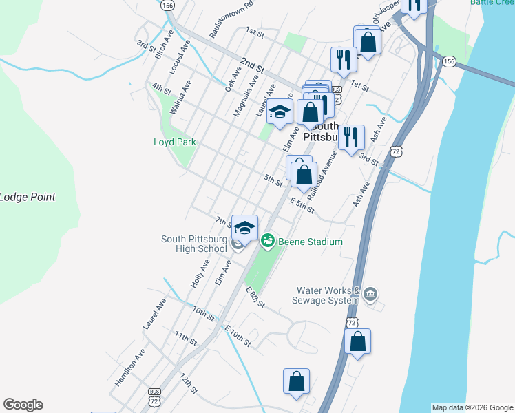 map of restaurants, bars, coffee shops, grocery stores, and more near 198 6th Street in South Pittsburg
