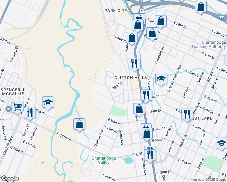 map of restaurants, bars, coffee shops, grocery stores, and more near 1304 E 30th St in Chattanooga