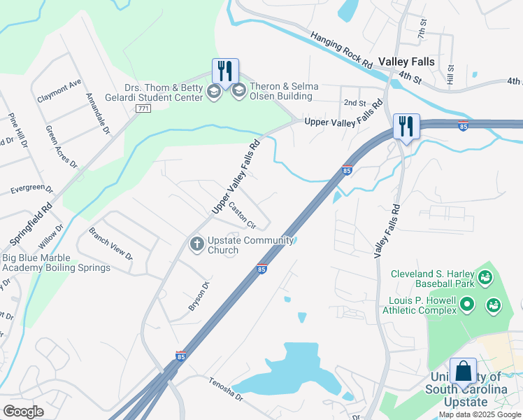 map of restaurants, bars, coffee shops, grocery stores, and more near 150 Caston Circle in Boiling Springs