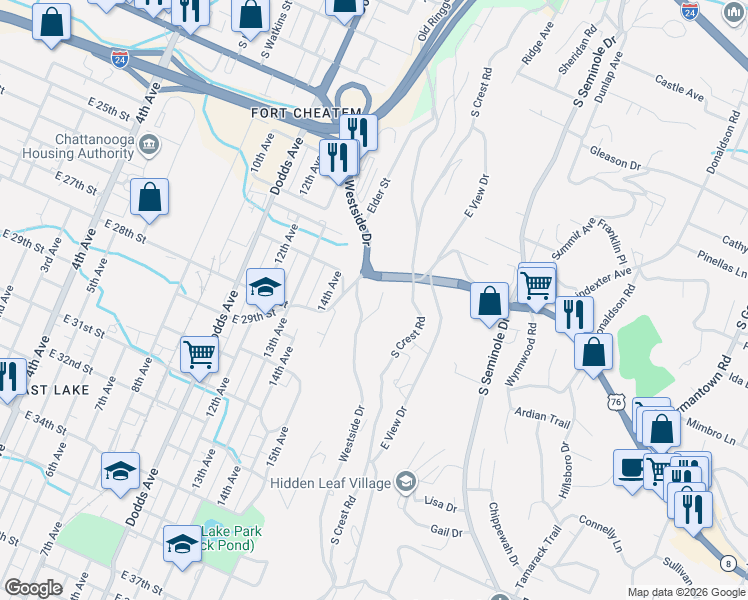 map of restaurants, bars, coffee shops, grocery stores, and more near 2904 Westside Drive in Chattanooga