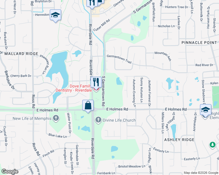 map of restaurants, bars, coffee shops, grocery stores, and more near 5140 South Germantown Road in Memphis