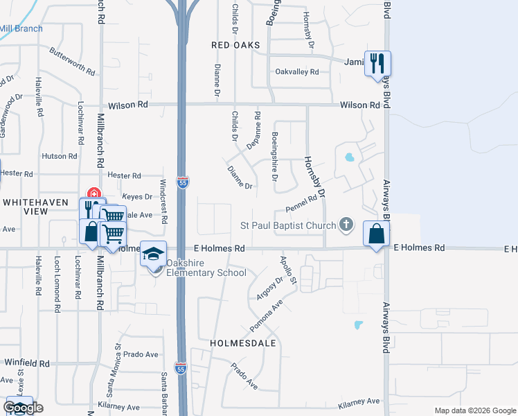 map of restaurants, bars, coffee shops, grocery stores, and more near 5131 Queen Elizabeth Freeway in Memphis