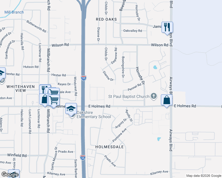 map of restaurants, bars, coffee shops, grocery stores, and more near 5131 Queen Elizabeth Freeway in Memphis
