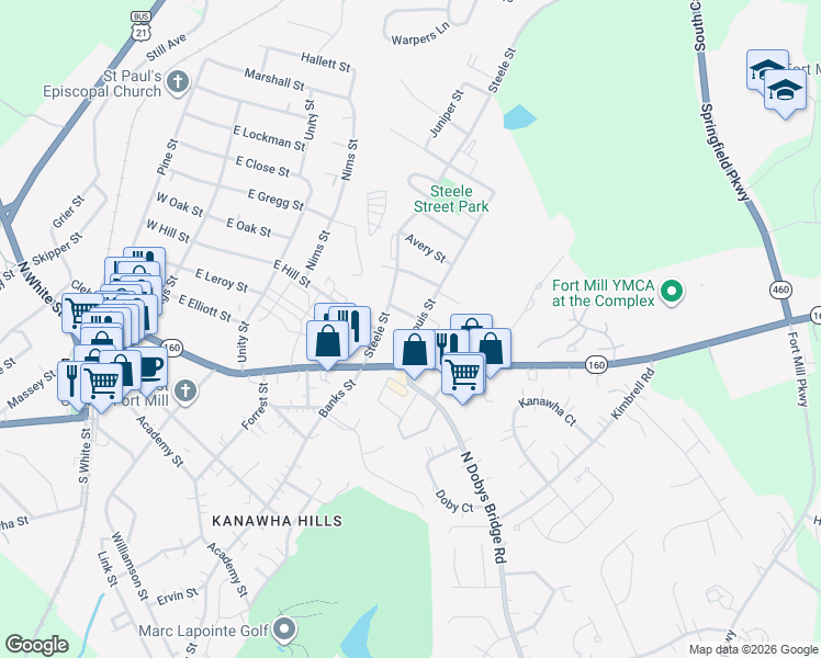 map of restaurants, bars, coffee shops, grocery stores, and more near 205 Joe Louis Street in Fort Mill