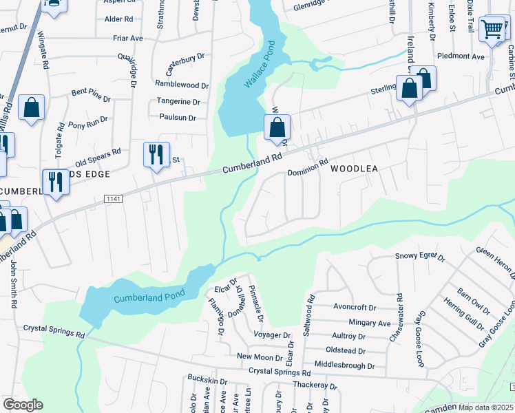 map of restaurants, bars, coffee shops, grocery stores, and more near 4737 Dominion Road in Fayetteville
