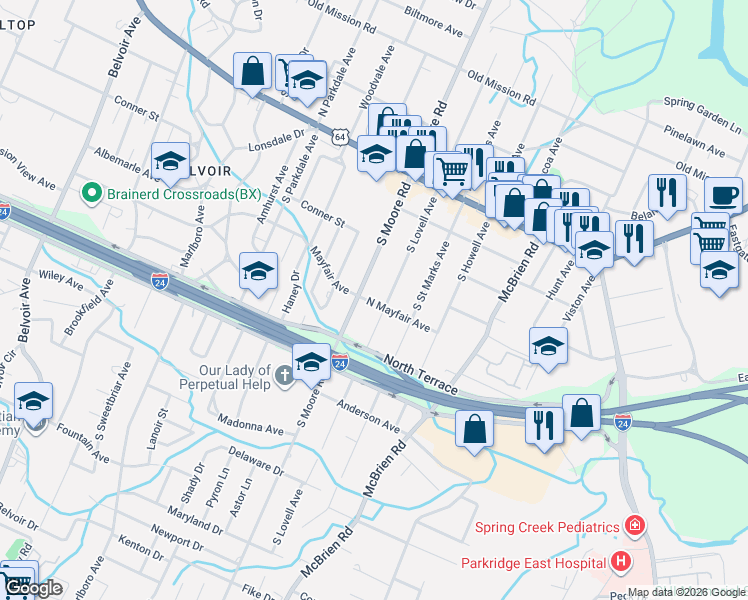 map of restaurants, bars, coffee shops, grocery stores, and more near 2178 North Mayfair Avenue in Chattanooga