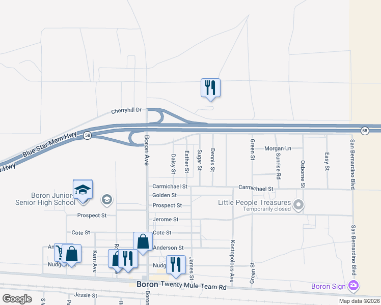 map of restaurants, bars, coffee shops, grocery stores, and more near 12664 Esther Street in Boron