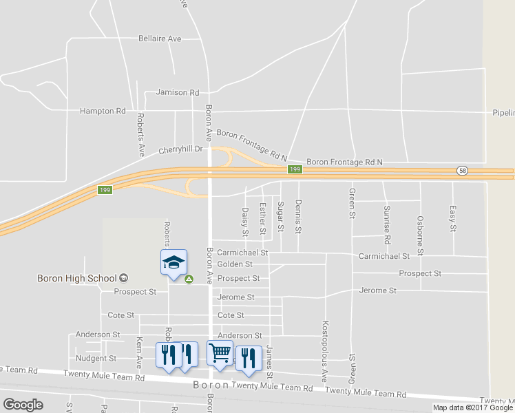 map of restaurants, bars, coffee shops, grocery stores, and more near 12663 Esther Street in Boron