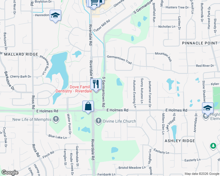 map of restaurants, bars, coffee shops, grocery stores, and more near 5140 South Germantown Road in Memphis