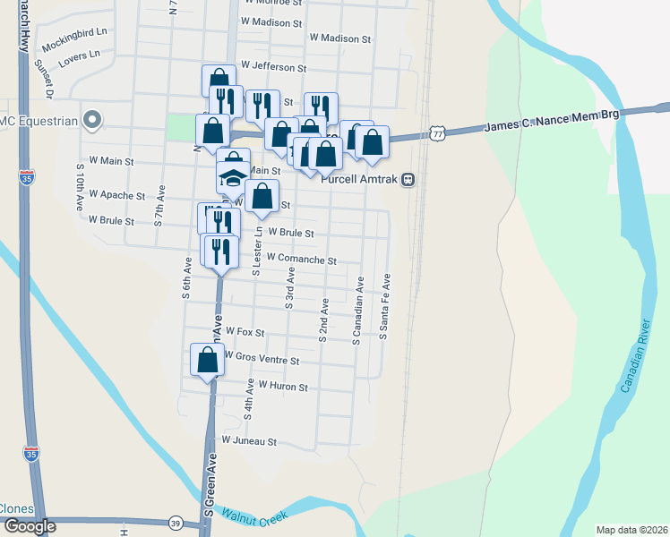 map of restaurants, bars, coffee shops, grocery stores, and more near 118 West Comanche Street in Purcell