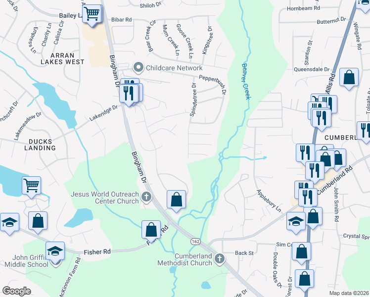 map of restaurants, bars, coffee shops, grocery stores, and more near 2324 Spindle Tree Dr in Fayetteville