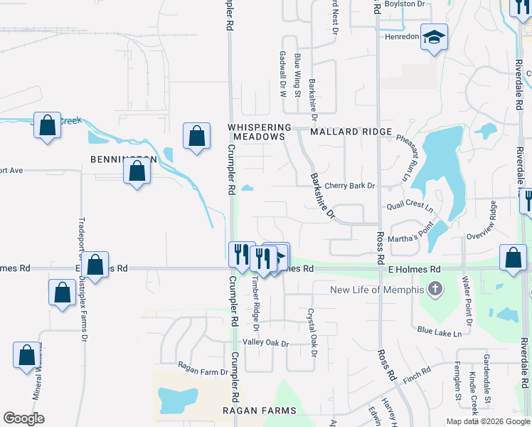 map of restaurants, bars, coffee shops, grocery stores, and more near 6484 Heatherwood Drive in Memphis