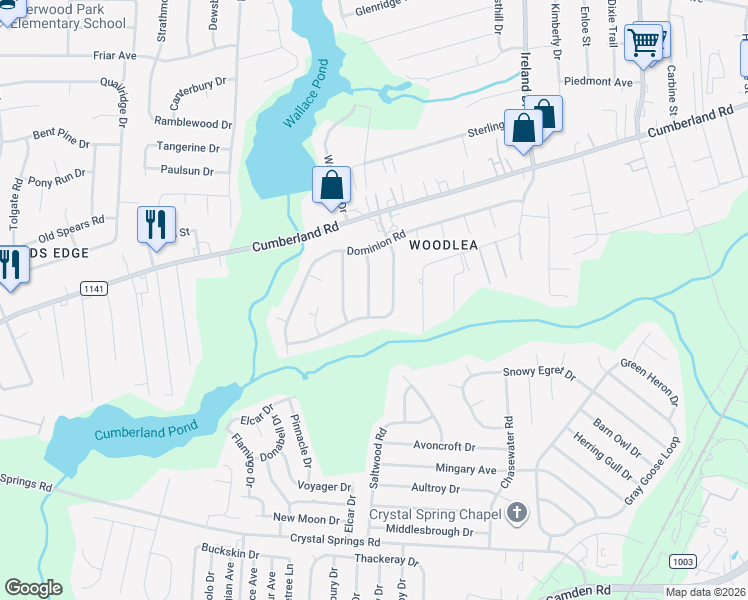 map of restaurants, bars, coffee shops, grocery stores, and more near 2615 Dumfries Drive in Fayetteville