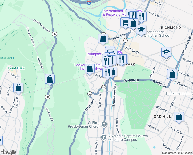 map of restaurants, bars, coffee shops, grocery stores, and more near 14 Fairoak Place in Chattanooga