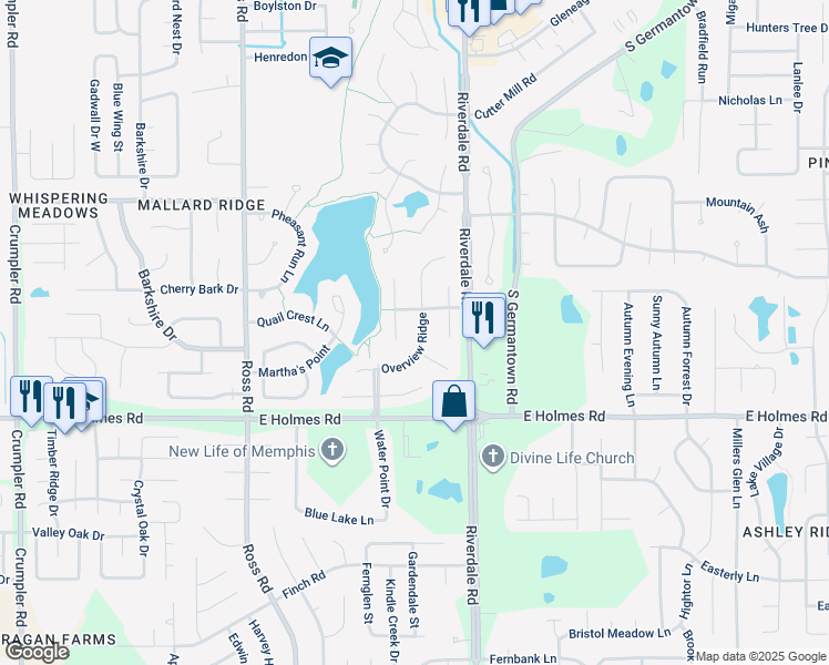 map of restaurants, bars, coffee shops, grocery stores, and more near 5119 Overview Ridge in Memphis