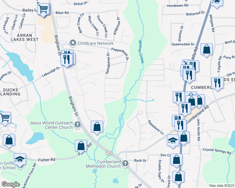 map of restaurants, bars, coffee shops, grocery stores, and more near 5567 Quietwood Place in Fayetteville