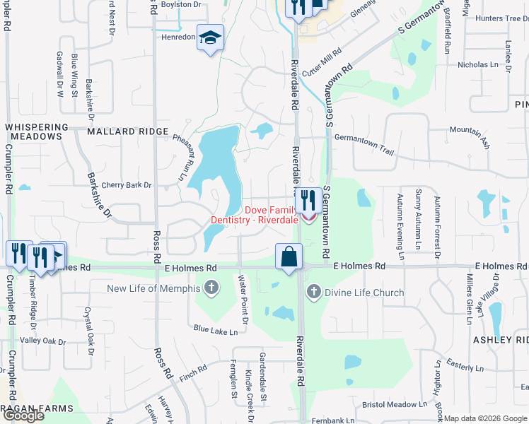 map of restaurants, bars, coffee shops, grocery stores, and more near 5122 Waters Edge Cove South in Memphis