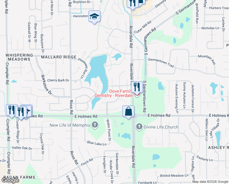 map of restaurants, bars, coffee shops, grocery stores, and more near 5122 Waters Edge Cove South in Memphis