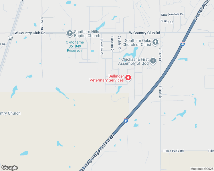 map of restaurants, bars, coffee shops, grocery stores, and more near 6125 Brookpark Lane in Chickasha