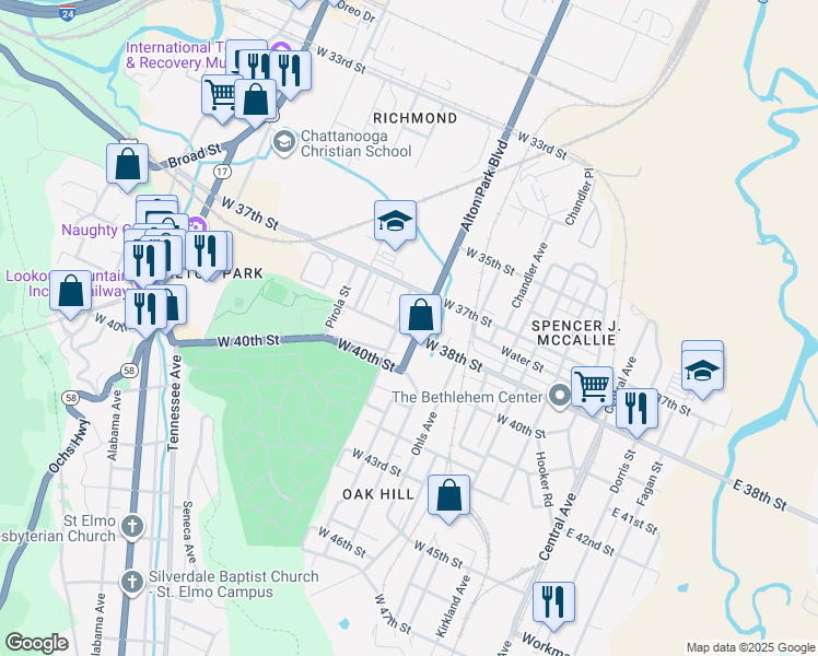 map of restaurants, bars, coffee shops, grocery stores, and more near 3719 Alton Park Boulevard in Chattanooga