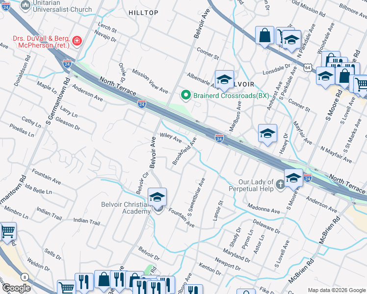 map of restaurants, bars, coffee shops, grocery stores, and more near 603 Brookfield Avenue in Chattanooga