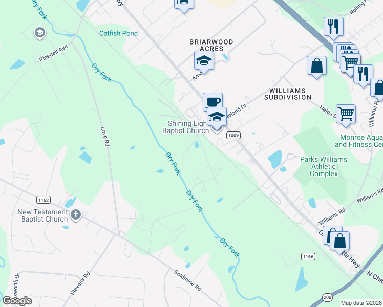 map of restaurants, bars, coffee shops, grocery stores, and more near 2491 Shining Light Church Road in Monroe
