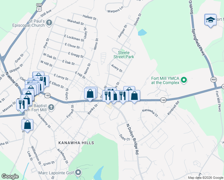 map of restaurants, bars, coffee shops, grocery stores, and more near 205 Joe Louis Street in Fort Mill