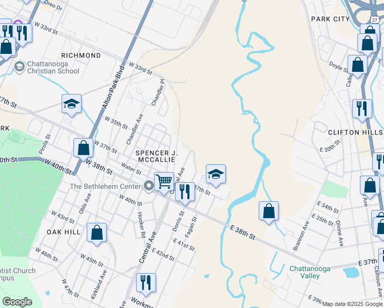 map of restaurants, bars, coffee shops, grocery stores, and more near 3502 Central Avenue in Chattanooga
