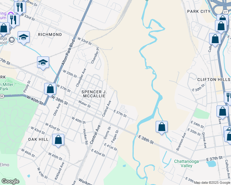 map of restaurants, bars, coffee shops, grocery stores, and more near 3502 Central Avenue in Chattanooga