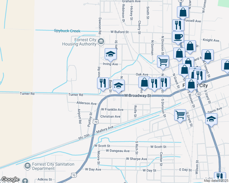 map of restaurants, bars, coffee shops, grocery stores, and more near 616 West Broadway Avenue in Forrest City