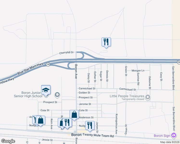 map of restaurants, bars, coffee shops, grocery stores, and more near 12664 Daisy Street in Boron