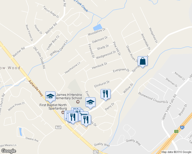 map of restaurants, bars, coffee shops, grocery stores, and more near 2048 Evergreen Drive in Boiling Springs