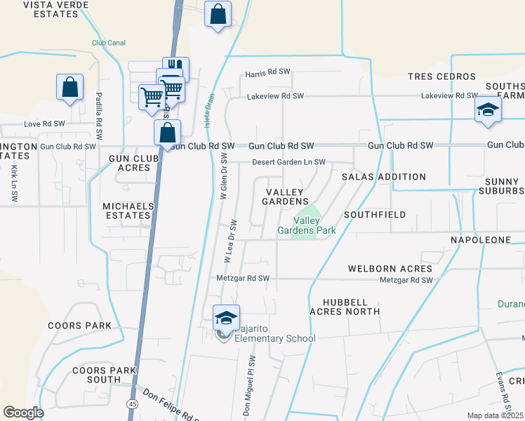 map of restaurants, bars, coffee shops, grocery stores, and more near 4615 Chetwood Lane Southwest in Albuquerque