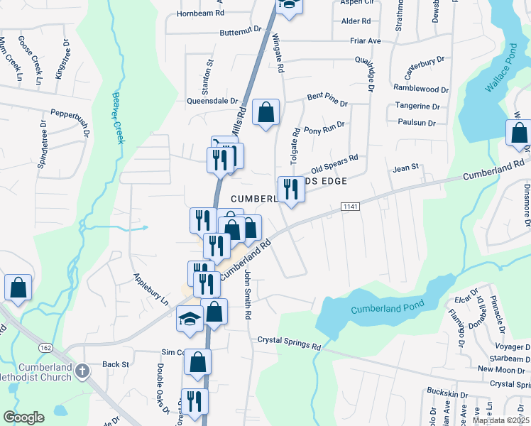 map of restaurants, bars, coffee shops, grocery stores, and more near 4600 Cumberland Road in Fayetteville