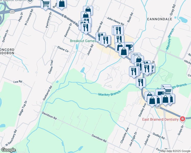 map of restaurants, bars, coffee shops, grocery stores, and more near 1316 Stratton Place Drive in Chattanooga