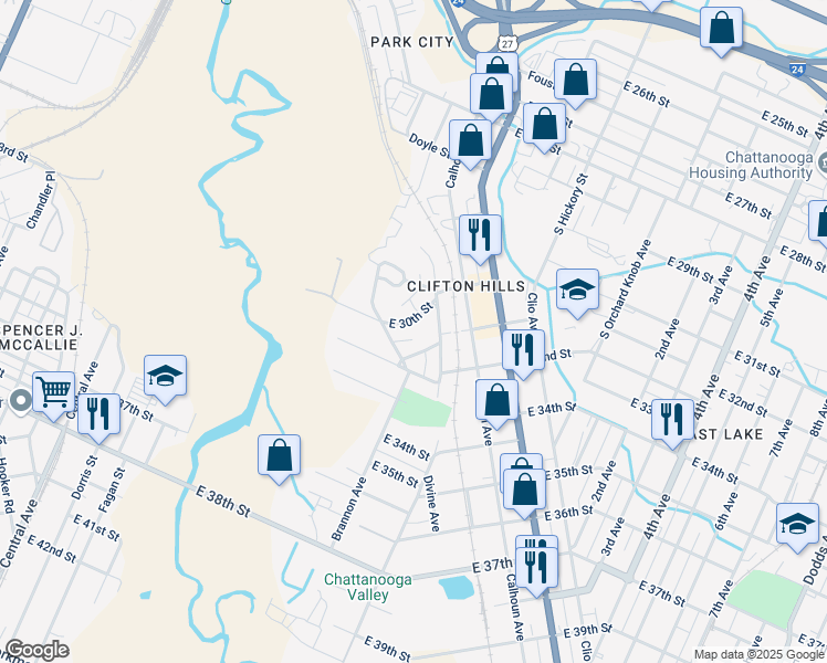 map of restaurants, bars, coffee shops, grocery stores, and more near 1304 East 30th Street in Chattanooga