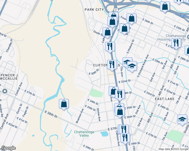 map of restaurants, bars, coffee shops, grocery stores, and more near 1304 East 30th Street in Chattanooga