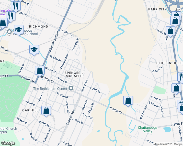 map of restaurants, bars, coffee shops, grocery stores, and more near 3502 Central Avenue in Chattanooga