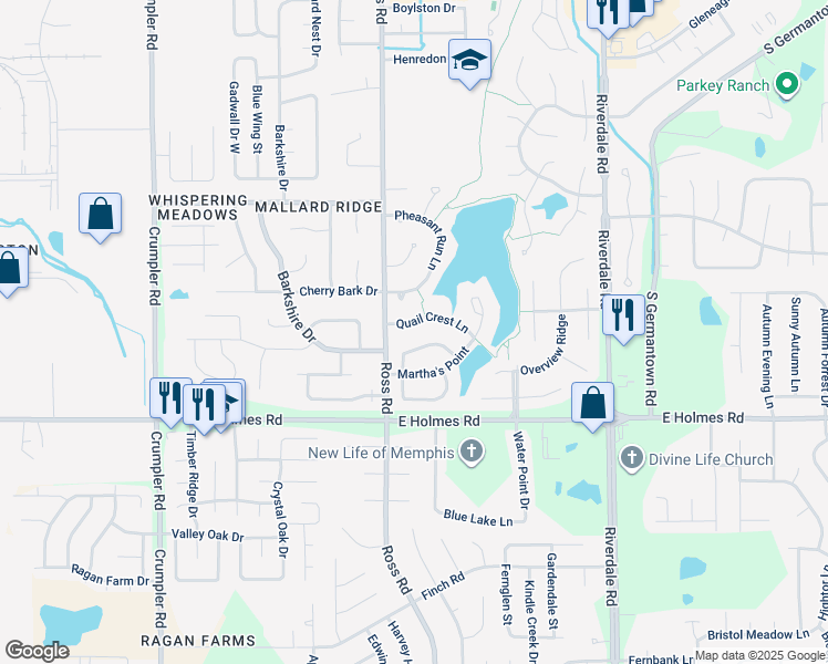 map of restaurants, bars, coffee shops, grocery stores, and more near 6754 Lake Point Circle in Memphis