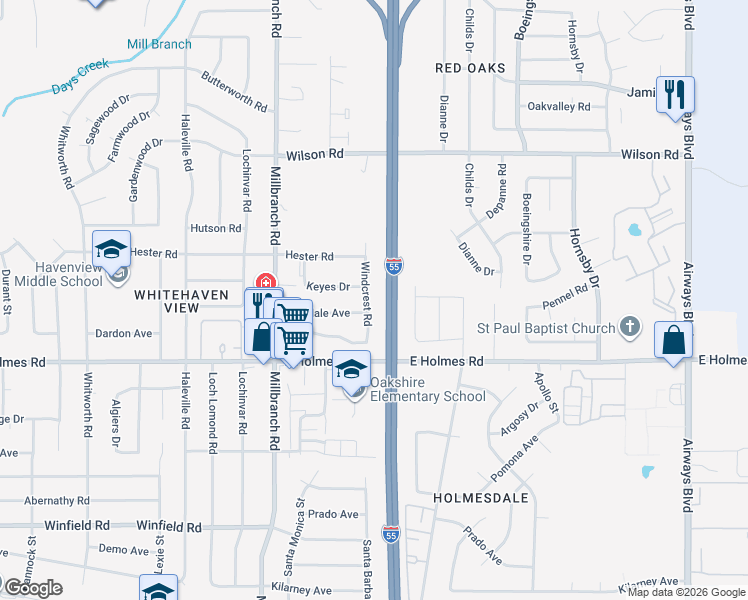map of restaurants, bars, coffee shops, grocery stores, and more near 5132 Windcrest Road in Memphis