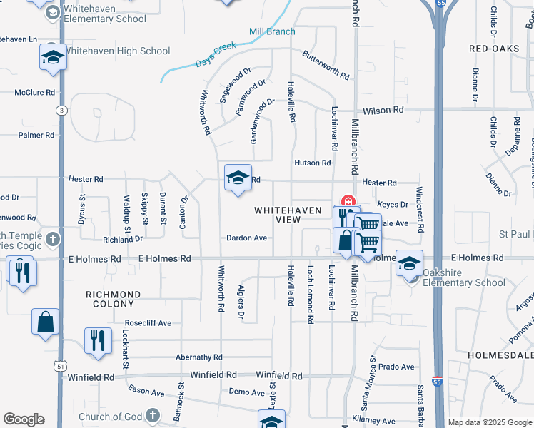 map of restaurants, bars, coffee shops, grocery stores, and more near 5131 Lexie Drive in Memphis