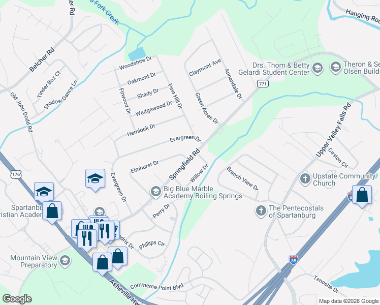 map of restaurants, bars, coffee shops, grocery stores, and more near 1402 State Road 771 in Boiling Springs