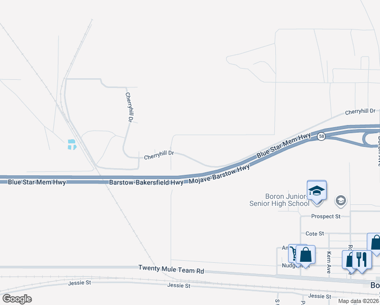map of restaurants, bars, coffee shops, grocery stores, and more near Cherryhill Drive in Boron
