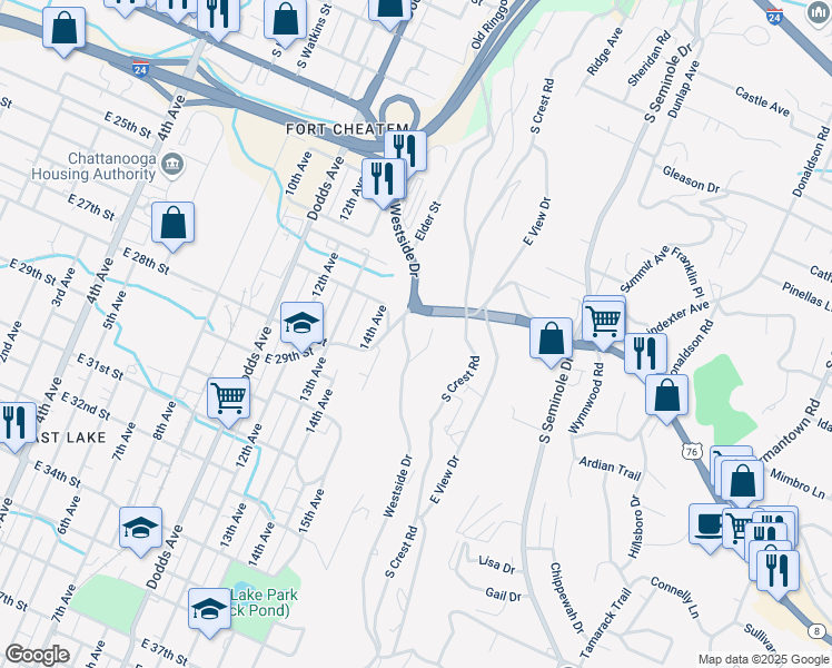 map of restaurants, bars, coffee shops, grocery stores, and more near 2904 Westside Drive in Chattanooga