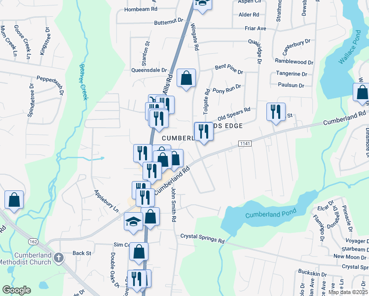 map of restaurants, bars, coffee shops, grocery stores, and more near 4600 Cumberland Road in Fayetteville