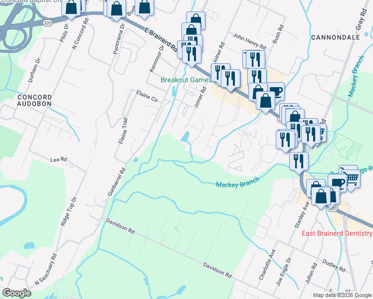 map of restaurants, bars, coffee shops, grocery stores, and more near 1109 Lenny Lane in Chattanooga