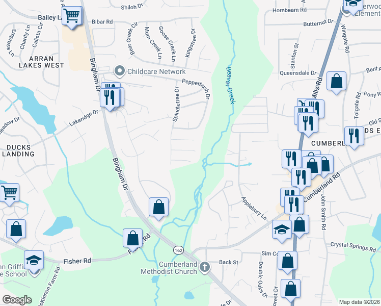 map of restaurants, bars, coffee shops, grocery stores, and more near 5571 Quietwood Place in Fayetteville
