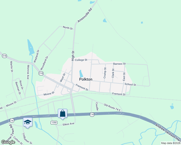 map of restaurants, bars, coffee shops, grocery stores, and more near 192 Ashe Street in Polkton