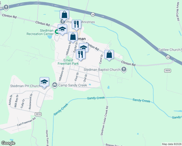 map of restaurants, bars, coffee shops, grocery stores, and more near 5164 Jefferson Street in Stedman