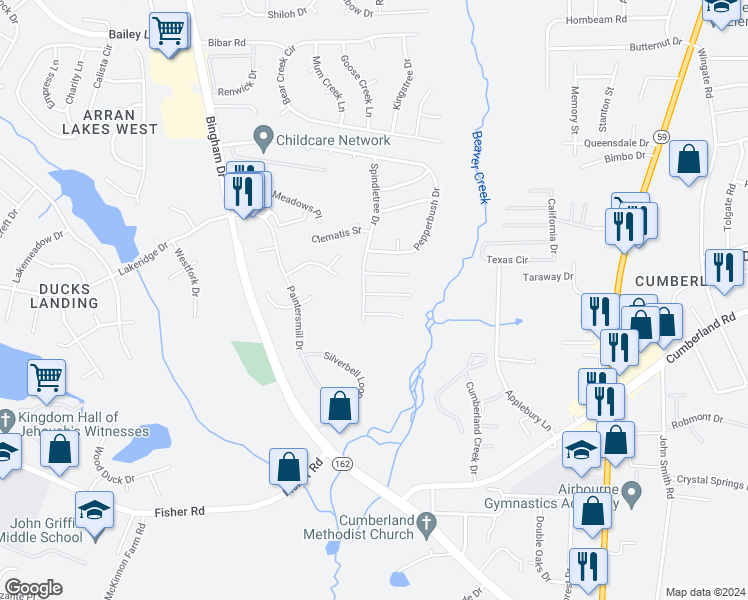map of restaurants, bars, coffee shops, grocery stores, and more near 5595 Quietwood Place in Fayetteville